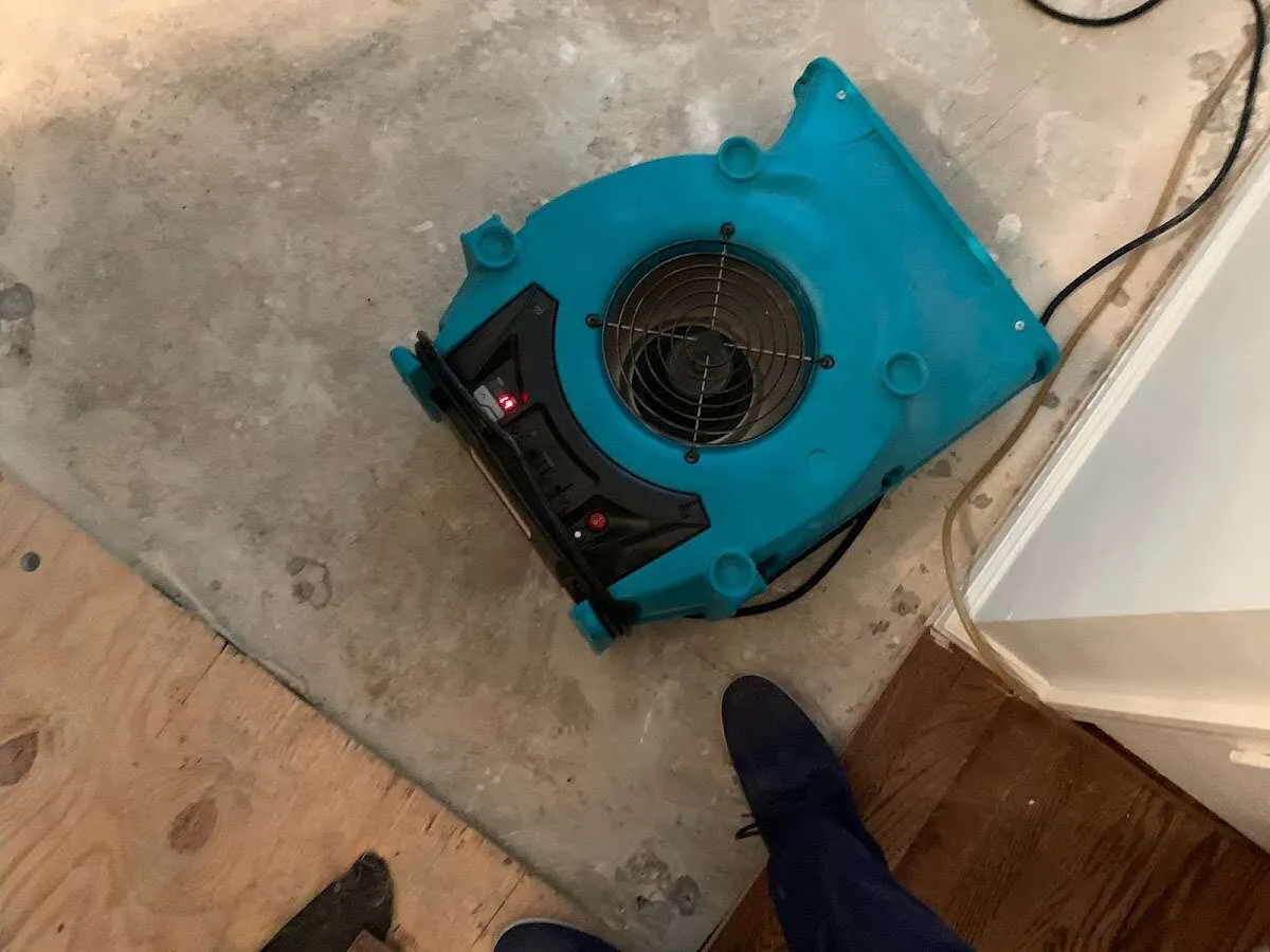 Air mover drying subfloor during Leak Detection & Repair in Ferguson